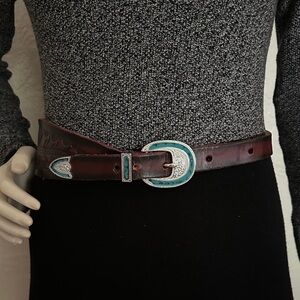 Brown vintage hand tooled Leather Belt with Turquoise color inlaid Buckle